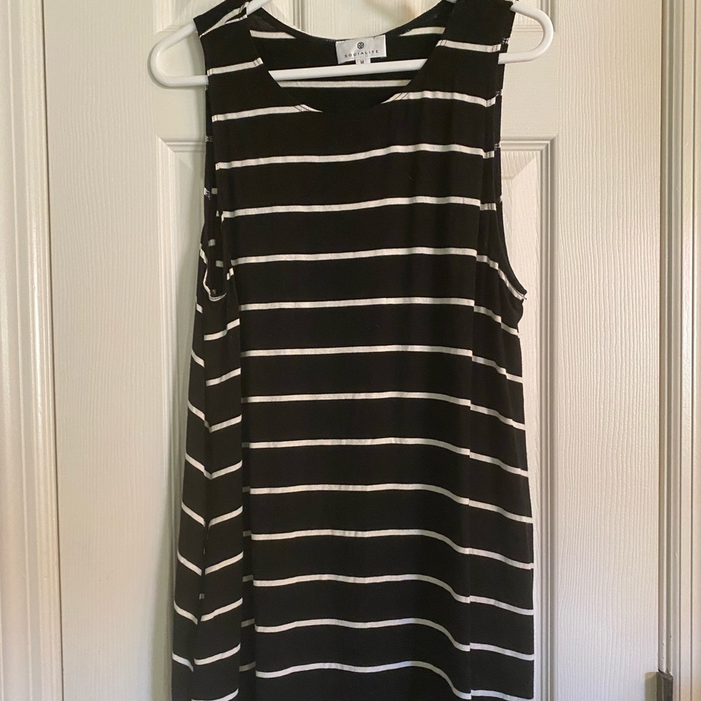 Black and White striped sleeveless dress.